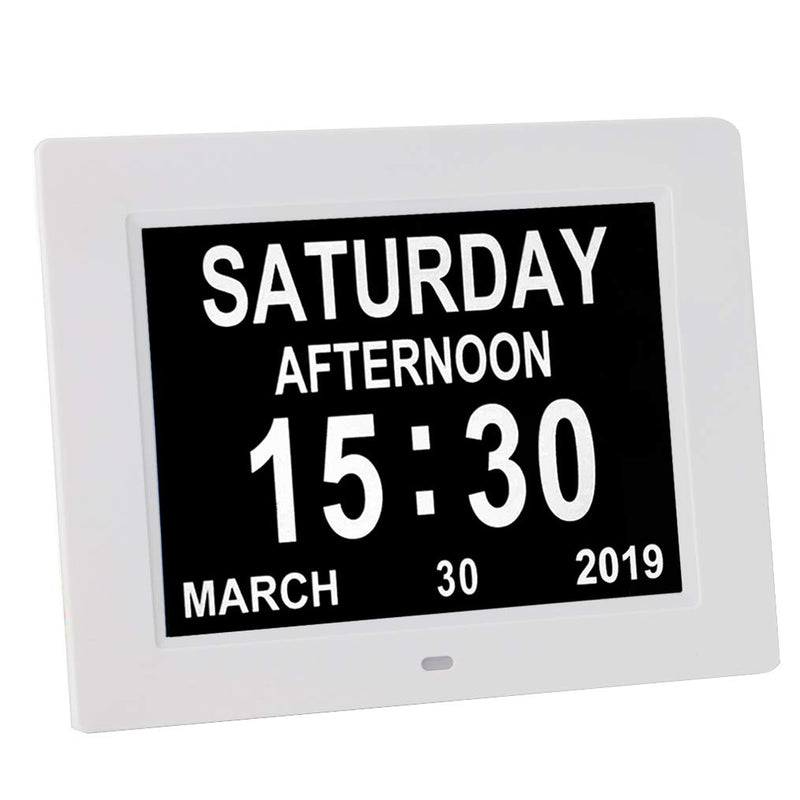 NewNest Australia - [Newest Version] Digital Calendar Day Clock with 8 Alarm Options, Extra Large Non-Abbreviated Day&Month for Seniors, Elderly, Memory Loss, Alzheimer (8-inch) White 