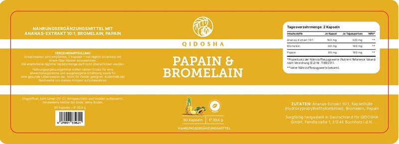 Qidosha Papain Bromelain Capsules, Pack Of 90, Papain Enzyme, Papaya Enzyme, Papaya Enzyme, Pineapple Papaya Enzyme, Digestive Enzymes With 320 Mg Bromelain Papain Per Daily Dose, Vegan - NewNest Australia