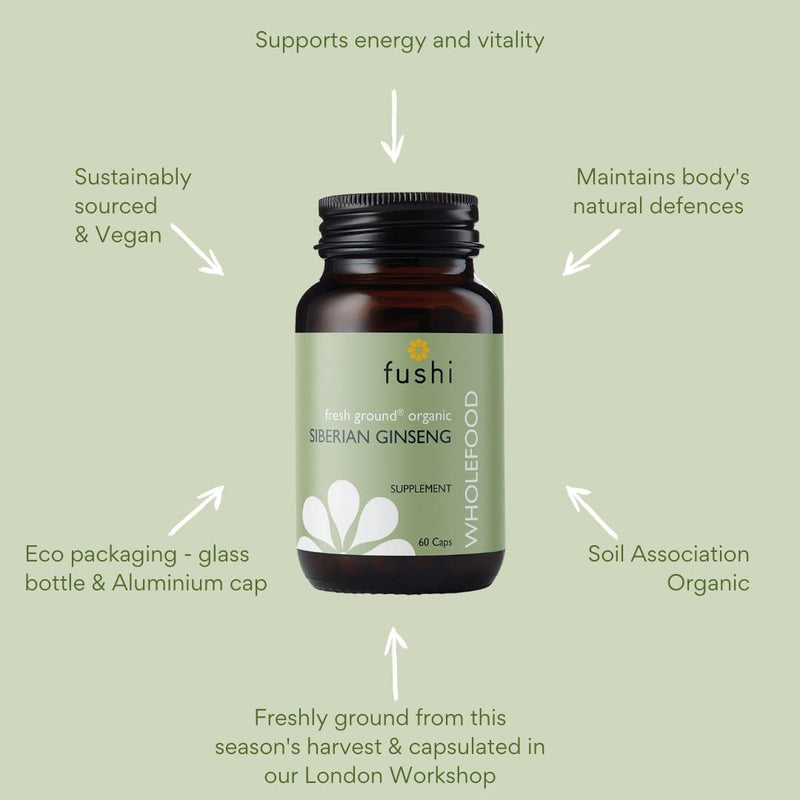 Fushi Organic Siberian Ginseng Capsules, 60 Caps | Fresh-Ground Whole Food | Strengthens Immune System, Purifies Blood, Stimulates Digestion | Ethical & Vegan | Manufactured in the UK - NewNest Australia