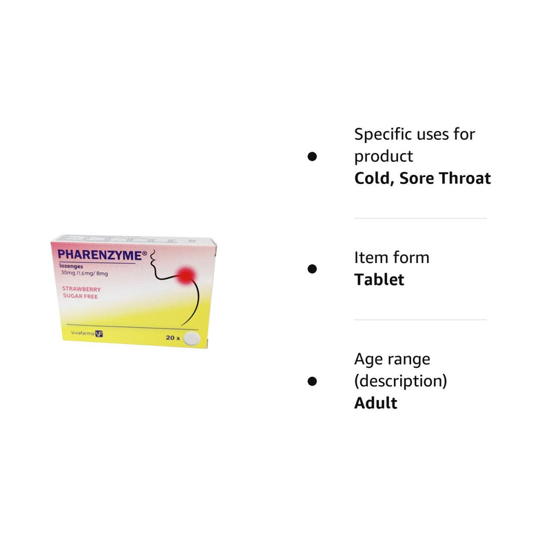 PHARENZYME, Strawberry Sugar Free - 20 lozenges - Sore Throat Relief - Enzyme-Active Tablets - Relieves Sore Throat - Clears runny Nose - Anti-inflammatory and Pain-Relieving Effect - NewNest Australia