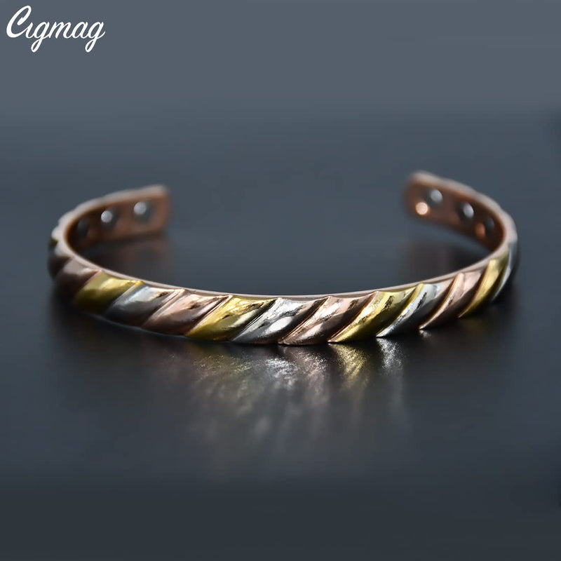 Cigmag Lymphatic Drainage Copper Magnetic Bracelet for Women 99% Solid Pure Copper Ultra Strength Magnet Adjustable Brazaletes Cuff Bangle with Gift Box (Tricolor Pattern) 1-tricolor - NewNest Australia