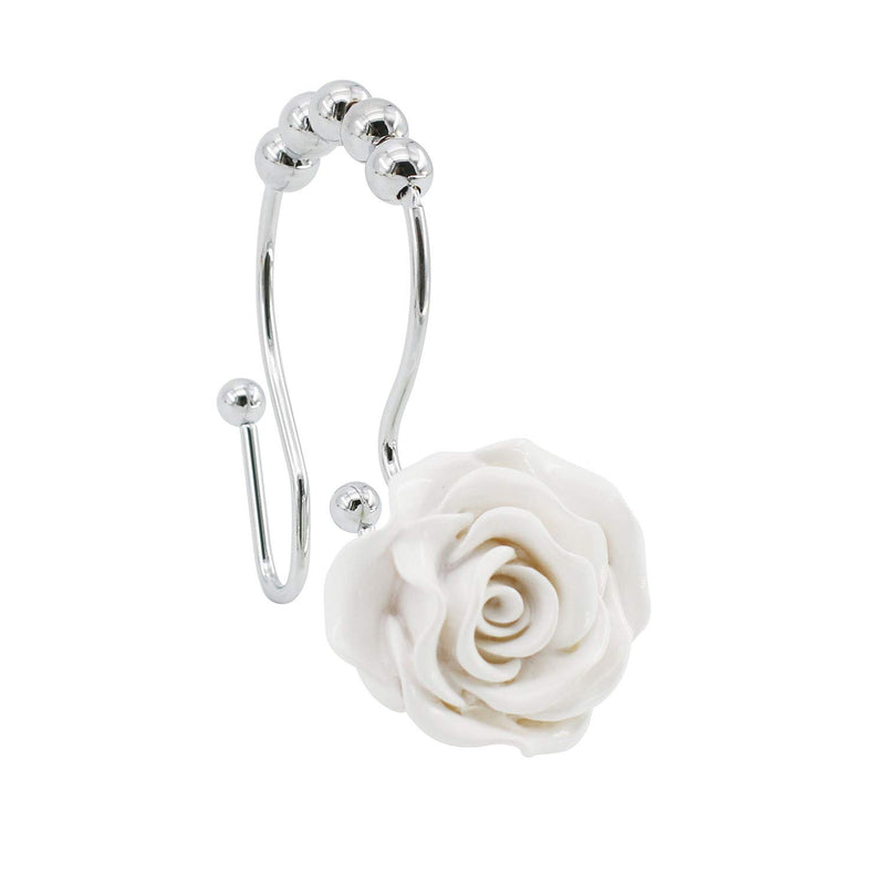 BEAVO Rose Shower Curtain Hooks,12 Pcs Double Glide Shower Curtain Rings Stainless Steel Rustproof Decorative Shower Hook Ring with Resin Rose Flower for Bathroom Shower Rods (White) White Rose hooks - NewNest Australia