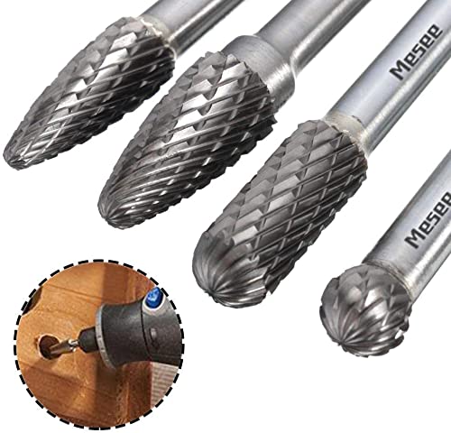Mesee Set of 4 Tungsten Carbide Rotary Burrs, 6 Inch Long Double Cut Rotating Burr with 6mm Shank Files Rasp Bit Tools Kit for DIY Woodworking Metal Carving Polishing Engraving Drilling - NewNest Australia