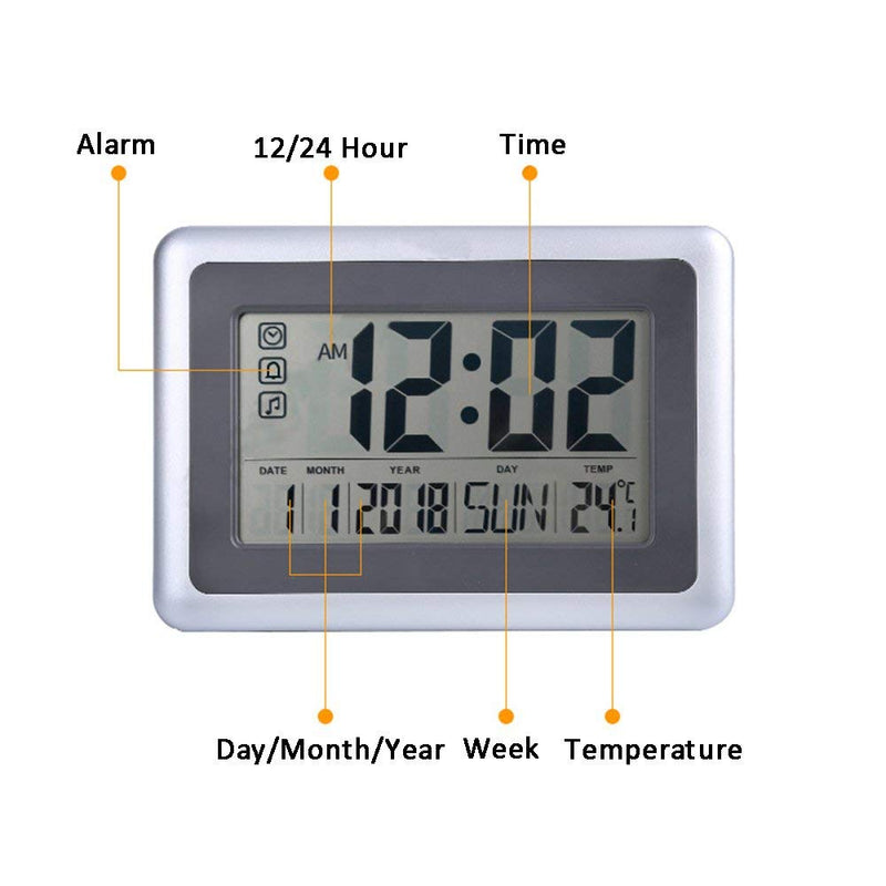 NewNest Australia - UMEXUS Large Display Digital Wall Clock Desk Alarm Clock with Calendar & Temperature Battery Operated Decoration Clock for Kitchen Bedroom Office School (Silver) 2138 Desk/Wall Clock with Indoor Temp 