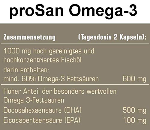 proSan Omega3 fatty acids (60 capsules) | natural premium fish oil with 500 mg DHA + 100 mg EPA for heart, brain, vision &amp; Cholesterol levels | molecularly distilled for highest purity &amp; Freshness - NewNest Australia