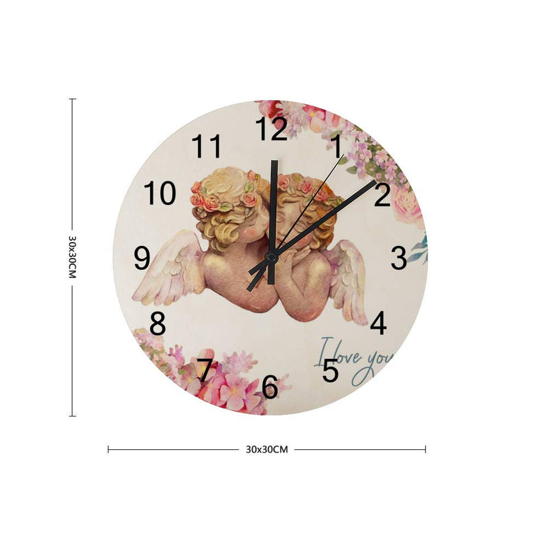 NewNest Australia - Kuizee Wall Clock Cute Watercolor Angels Cherub Uncovered Wooden Mute Decoration Home Office Bedroom 12Inch 