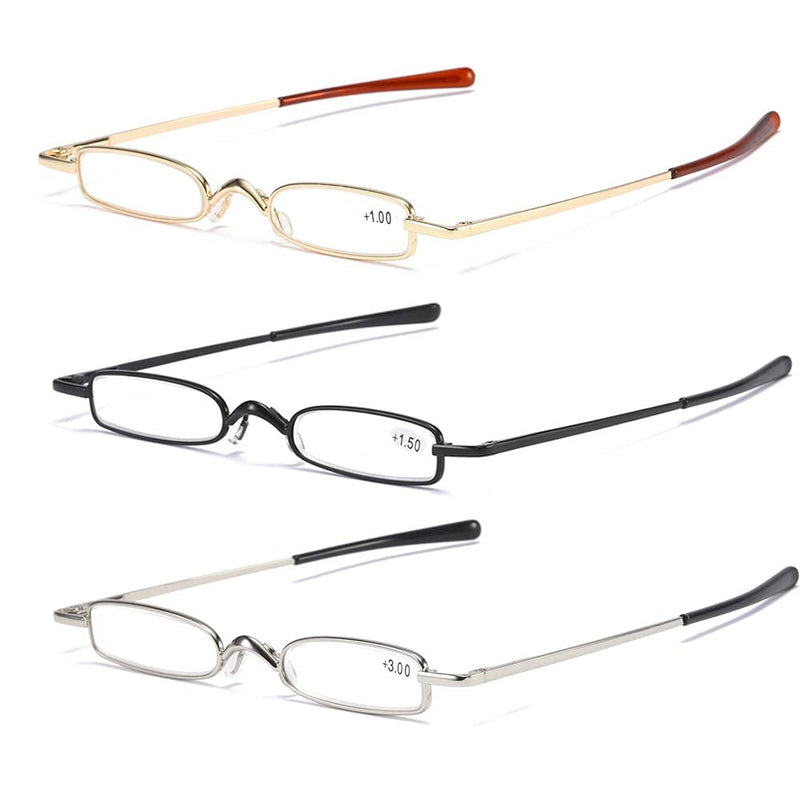 MMOWW Pack of 3 Mini Metal Reading Glasses Women Men Spring Hinge Classic Small Narrow Lightweight Reading Aid Visual Aid Glasses with Case (Black+Gold+Silver,+1.5) Black+Gold+Silver 1.5 x - NewNest Australia