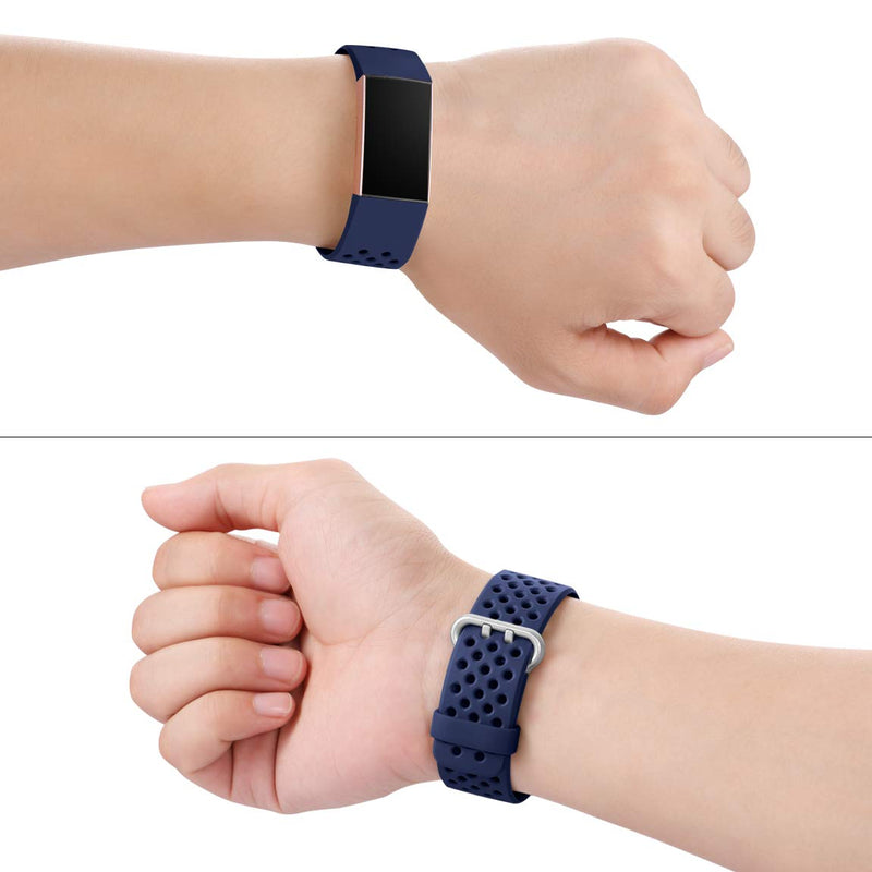 Maledan Bands Compatible with Fitbit Charge 3 and Charge 4, Breathable Sport Band Replacement Wristbands with Air Holes for Charge 4/ Charge 3/ Charge 3 SE Fitness Tracker Women Men, 3-Pack Large Black/Navy Blue/Blue Gray - NewNest Australia