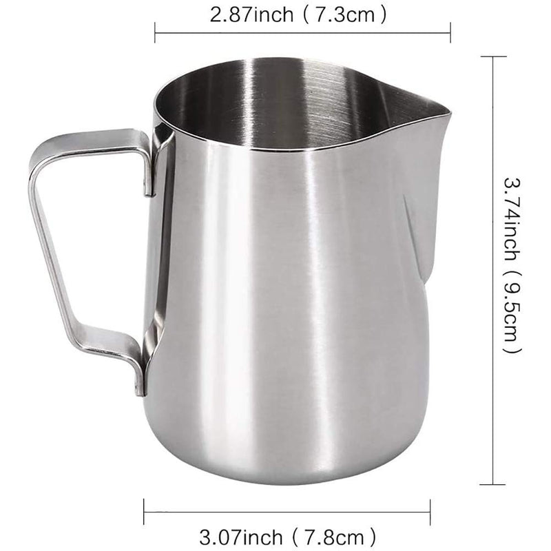 POFET Stainless Steel Milk Jug, 350ML Handheld Coffee Creamer Milk Frothing Pitcher Jug Cup with Measurement Mark and Latte Art Pen, Milk Pitcher Jugs Perfect for Barista Cappuccino Espresso Making - NewNest Australia