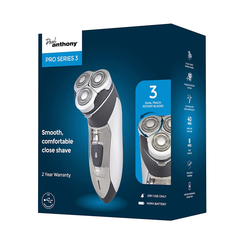 Paul Anthony Pro Series 3 Titanium Mens Cordless Rotary Shaver / 3 Titanium Steel Flexible Heads / 40 Minute Usage / Washable Head / Comfortable Rubberised Grip - Silver / Black - H5010BK Rotary Shaver Pro - NewNest Australia