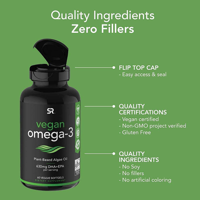Vegan Omega-3 Fish Oil Alternative sourced from Algae Oil | Highest Levels of Vegan DHA & EPA Fatty Acids | Non-GMO Verified & Vegan Certified - 60 Veggie Softgels (Carrageenan Free) - NewNest Australia