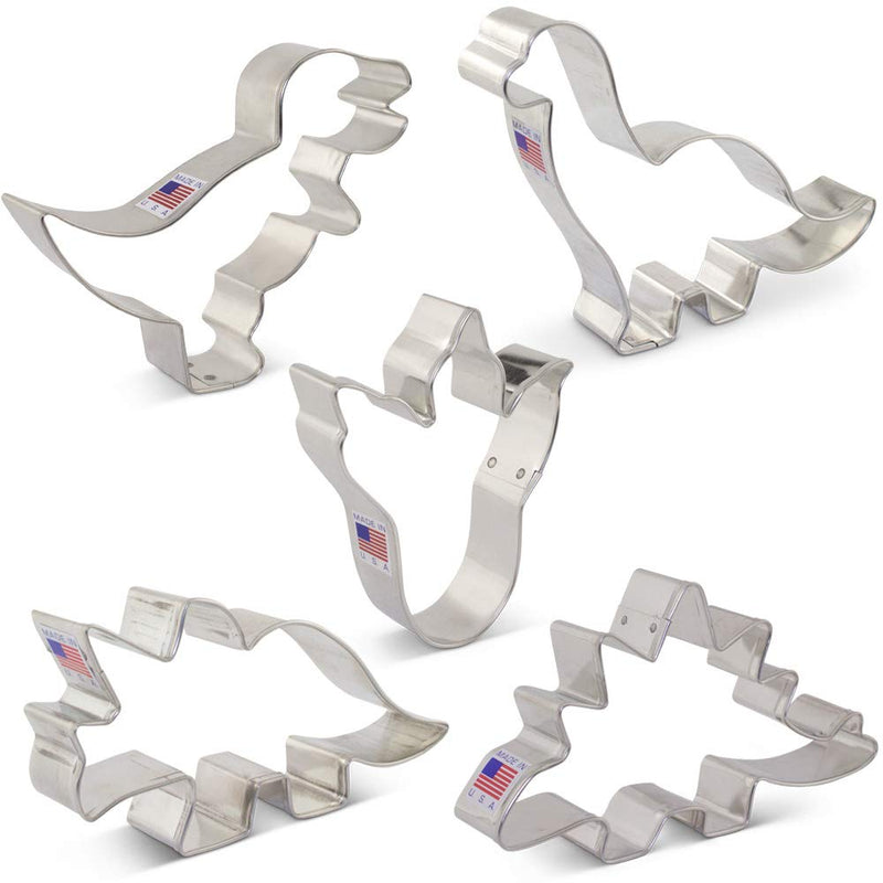 NewNest Australia - Ann Clark Cookie Cutters 5-Piece Dinosaur Cookie Cutter Set with Recipe Booklet, Triceratops, Stegosaurus, T-Rex, Brontosaurus and Dinosaur Footprint 