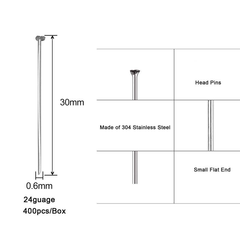 DADIFEN 400pcs 304 Stainless-Steel Flat Head Pins for Jewelry Making Supplies 30mm 24 Gauge Boxed Silver Jewelry Findings Head Pins for DIY Earrings Necklace Bracelet Pendant HeadPin 0.6x30mm - NewNest Australia