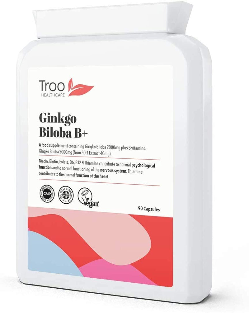 Troo Ginkgo Biloba B Plus Supplement 2000mg - 90 Capsules - High Strength Vegan Friendly capsules with added Vitamin B Complex for Heart , Circulation , Nervous System and Brain Support - UK Made - NewNest Australia