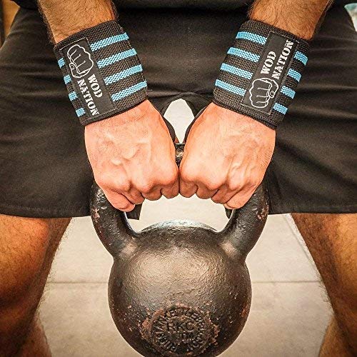 WOD Nation Wrist Wraps Weightlifting for Men & Women - Weight Lifting Wrist Wrap Set of 2 forCrossfit and Cross Training (12" or 18") + Includes Carrying Bag Black / Light Blue 12 inch - NewNest Australia