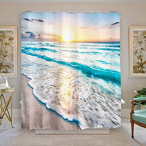 Baccessor Tropical Sea Beach Ocean Waves Shower Curtain with Hooks, Seaside Scene Island Hawaiian Sunrise Theme, Waterproof Fabric, 60" W x 72" H (150CM x 180CM) - Sea Sunrise 60W x 72H(10 grommets, 10 hooks) - NewNest Australia