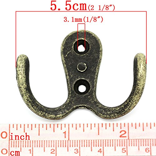 NewNest Australia - PEPPERLONELY Brand 5PC Antique Bronze Double Prong Clothes Coat Robe Purse Hat Hook 5.5x4.1cm(2-1/8 x 1-5/8 Inch) 