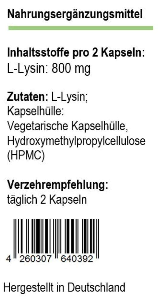 L-Lysine, 400 mg., 120 capsules, pure substance without additives, vegetarian capsule shell, German production - NewNest Australia