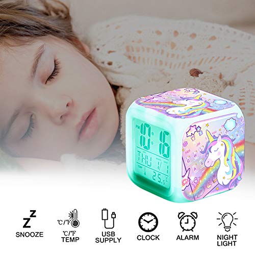 NewNest Australia - CoolGadget Unicorn Alarm Clock for Girls,Bedside Digital Clock with 7 LED Night Light Table Cube Wake Up Clock Display Time Temperature Alarm Date (Pink) Pink 