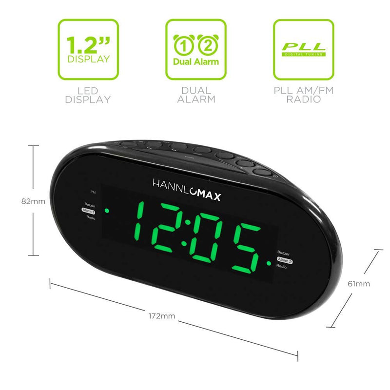 NewNest Australia - HANNLOMAX HX-123CR Alarm Clock Radio, PLL AM/FM Radio, Green LED 1.2 Inches Display, Dual Alarms, Dimmer 