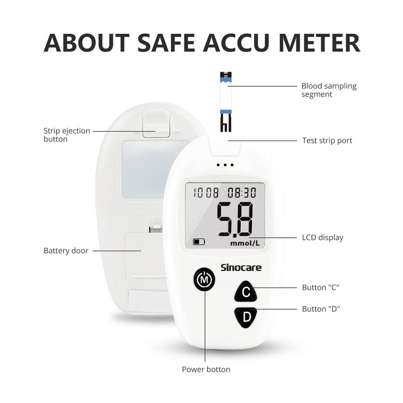 Sinocare Blood Sugar Monitor, Diabetes Testing Kit with 50 No Coding Test Strips & 50 Lan, Blood Glucose Monitors, Safe Accu Blood Sugar Test Kit, mmol/L Safe Accu Blood Sugar Test Kit - 50 - NewNest Australia