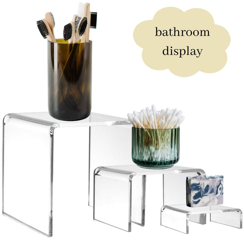NewNest Australia - BANBERRY DESIGNS Clear Acrylic Display Risers - Set of 3 Assorted Sized Tabletop Stands - Transparent Retail Shelf Fixtures - Jewelry Food Candy Makeup Perfume Pedestals 