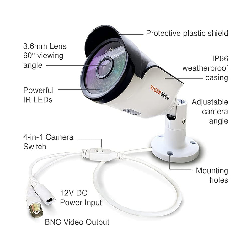 TIGERSECU Super HD 1080P Hybrid 4-in-1 Security Camera with OSD Switch, for TVI/CVI/AHD/D1 DVR, Weatherproof for Indoor/Outdoor Use (Power Supply and Coaxial Cable Sold Separately) - NewNest Australia