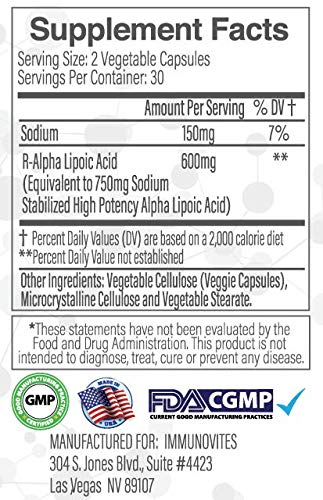 Stabilized R-Alpha Lipoic Acid ((True)) 600mg per Serving [[High Potency & up to 40x Increased Absorption]] (Na R-ALA) (Na R-LA) (Na R-Lipoate) (1 Bottle) 60 Count (Pack of 1) - NewNest Australia