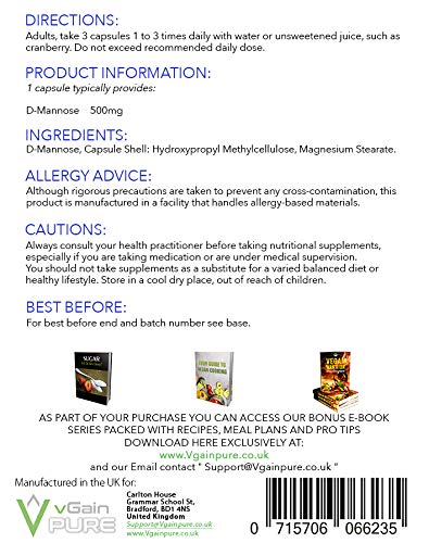D-Mannose 500mg Capsules by vGain PURE - Certified Vegan by the Vegan Society – Powerful Supplement Support For Urinary Tract Cleanse - Bladder Health & Cystitis - UTI Natural Relief - For Men & Women - NewNest Australia
