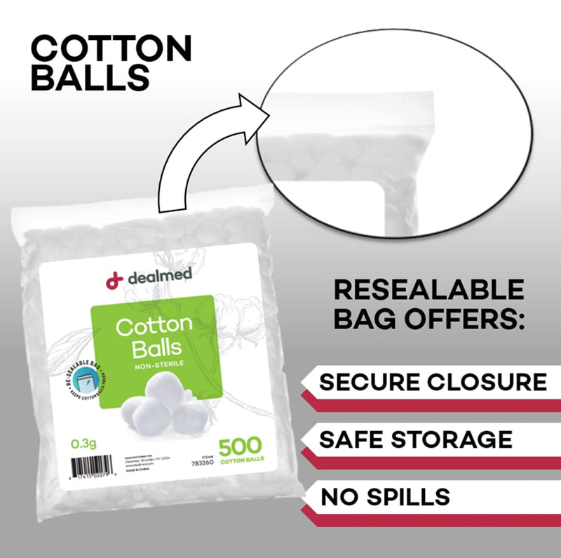 Dealmed Cotton Balls – 500 Count Medium Cotton Balls, Non-Sterile Bag of Cotton Balls in Easy to Access Zip-Locked Bag, Great for Skin Prep, Wound Cleansing, and DIY Needs 500 Count (Pack of 1) - NewNest Australia