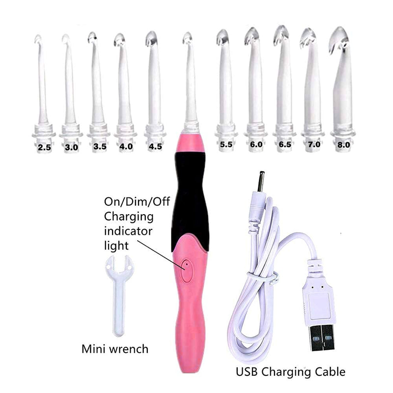 Lighted Crochet Hook,11 Size Interchangeable Heads 2.5mm to 8.0mm with Ergonomic Grip Handle,USB Rechargeable LED Lighted Crochet Hooks Complete Set for Arthritic Hands (Pink) Pink - NewNest Australia