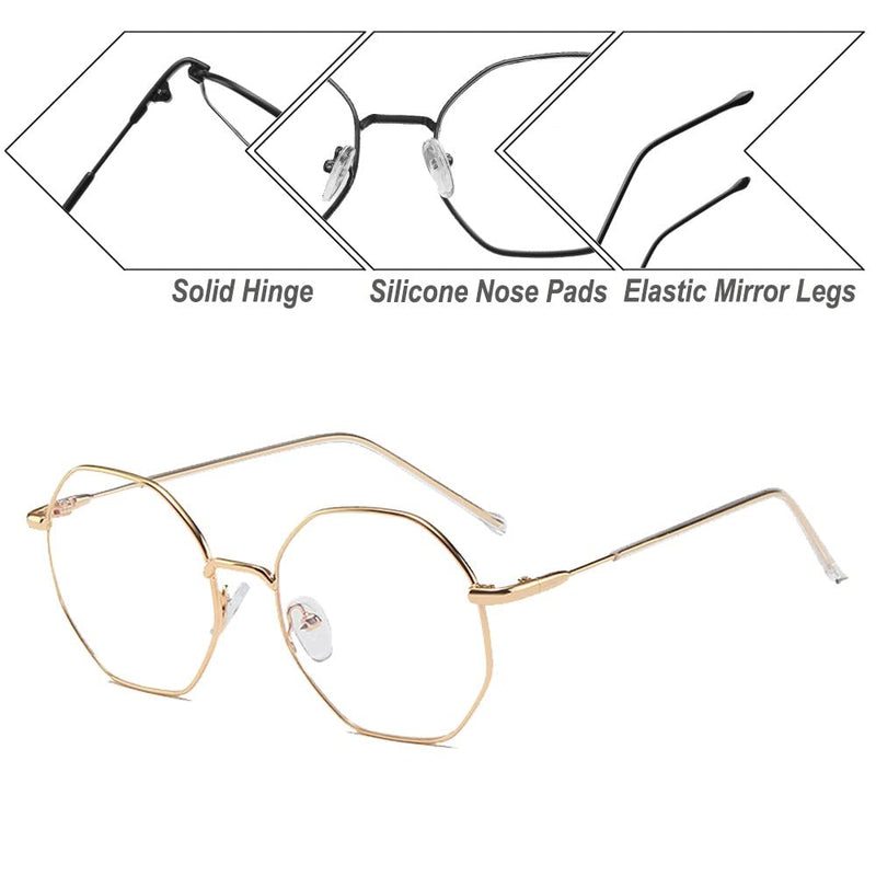 Voolga Classic retro blue light filter glasses, polygon glasses without strength for women and men, fashion fake glasses for anti blue light from computers with metal glasses legs gold - NewNest Australia