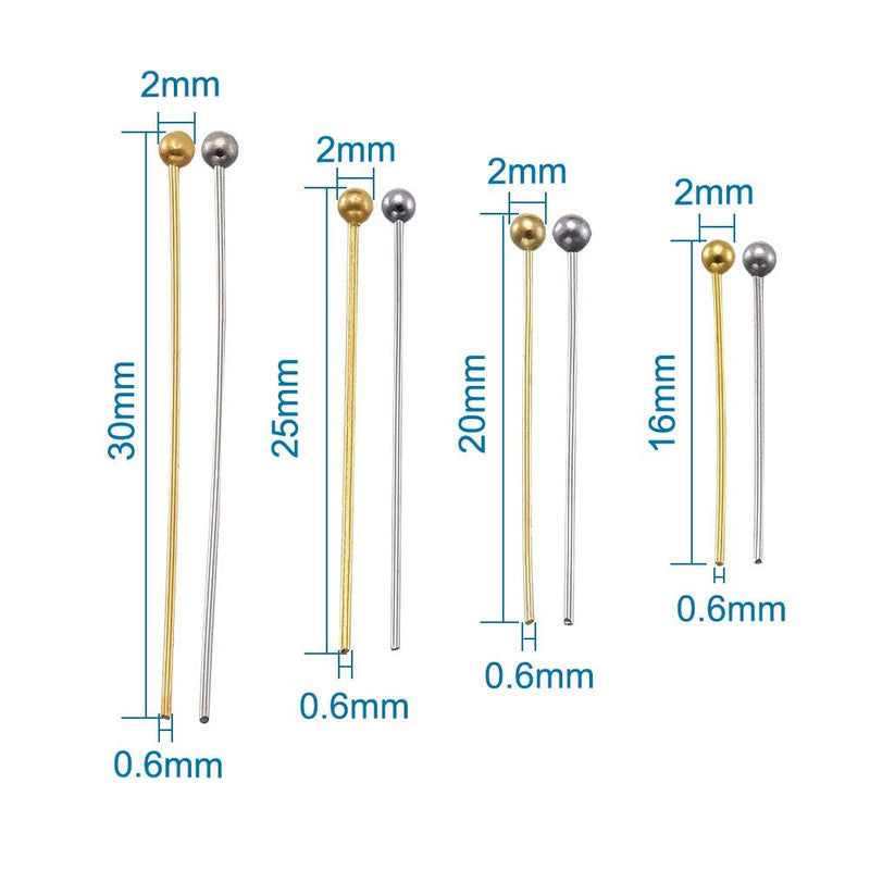 Pandahall Brass Ball Head Pins 16mm 20mm 25mm 30mm Wire Headpins for Earring Bracelet Jewelry Making (Platinum & Golden) 1 box-Ball Pins 16/20/25/30mm - NewNest Australia