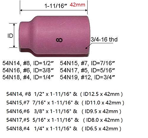 TIG Gas Lens 45V24 10N22 0.040” 45V25 10N23 1/16" 45V26 10N24 3/32" Ceramic Cup 54N14, 8 1/2"; 54N15,#7 7/16";54N16,#6 3/8", 2% Thoriated Tungsten Electrode Fit WP 17 18 26 TIG Welding Torch 18 pcs - NewNest Australia