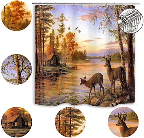 DYNH Elk Shower Curtain Animals Theme, Deer Safair in Stream River at Forest Sunset Shower Curtain, Fabric Bathroom Decor Accessories, Bath Curtains 12 PCS Hooks, 69X70IN 69"X70" - NewNest Australia