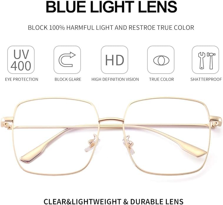 Dollger Blue Light Filter Glasses for Women Men Blue Light Blocking Glasses Square Metal Large Frame Glasses Anti Blue Light PC TV Gaming Gold - NewNest Australia