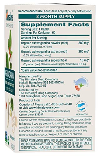 Himalaya Organic Ashwagandha, 2 Month Supply for Stress Relief, USDA Certified Organic, Non-GMO, Gluten-Free Supplement, 100% Ashwagandha powder & extract, 670 mg, 60 Caplets - NewNest Australia