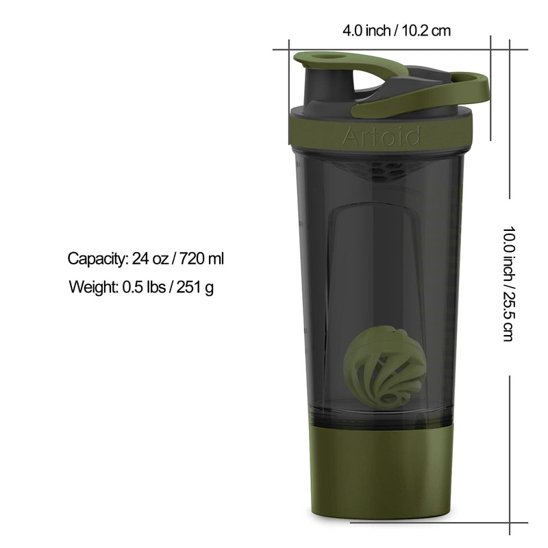 Artoid Inspirational Fitness Workout Sport Protein Shaker Bottle 680 ml, Dual Mixing Technology with Shaker Balls & Mixing Grids Included, Twist and Lock Protein Box Storage Included, Plastic Black/Green - NewNest Australia