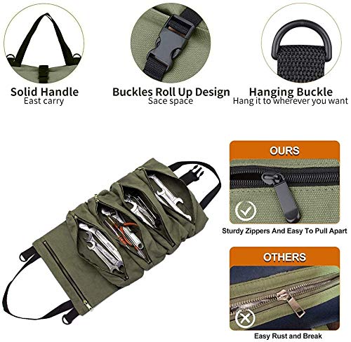 Super Roll Tool Roll,Multi-Purpose Tool Roll Up Bag, Wrench Roll Pouch,Canvas Tool Organizer Bucket,Car First Aid Kit Wrap Roll Storage Case,Hanging Tool Zipper Carrier Tote,Car Camping Gear Army Green - NewNest Australia