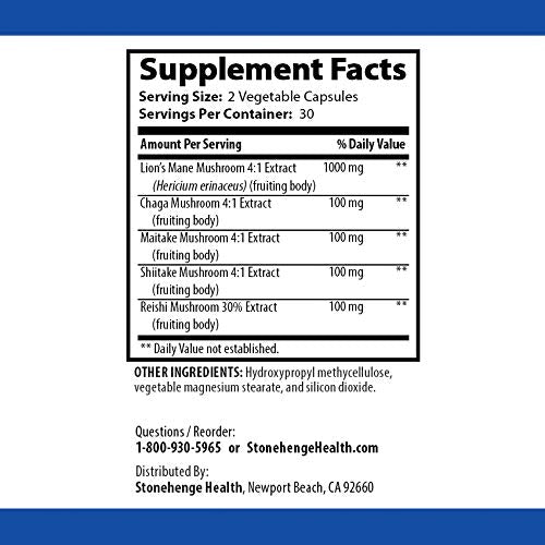 Stonehenge Health Dynamic Mushrooms - 100% Fruiting Bodies & Extracts - Lion’s Mane, Chaga, Maitake, Shiitake, Reishi - Nootropic Brain & Focus, Immune System Booster - No Mycelium -60 Veggie Capsules - NewNest Australia