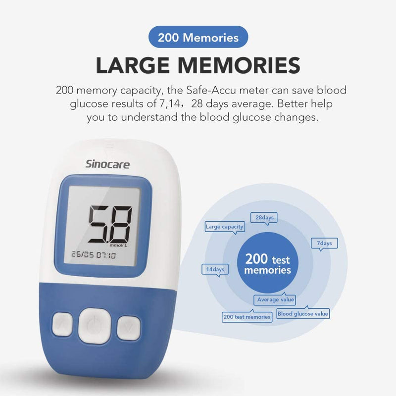sinocare Diabetes Test Kit, Blood Glucose Monitor w/100 Strips, 5s Test Time Safe AQ Angel Blood Sugar Monitor 200 Memory Capacity, Painless Lancing Glucose Meter - mmol/L - NewNest Australia