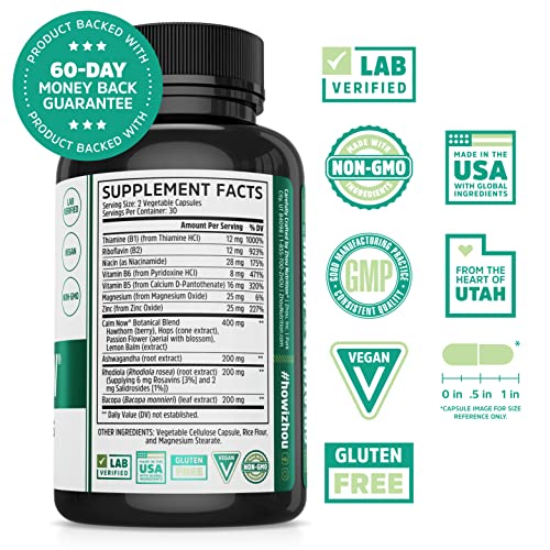 Zhou Calm Now Soothing Support with B Vitamins, Ashwagandha, Magnesium & Zinc, Relax, Focus & Positive Mind, Supports Serotonin Increase, Non-GMO, Vegan, Gluten-Free, 30 Servings - 60 VegCaps - NewNest Australia