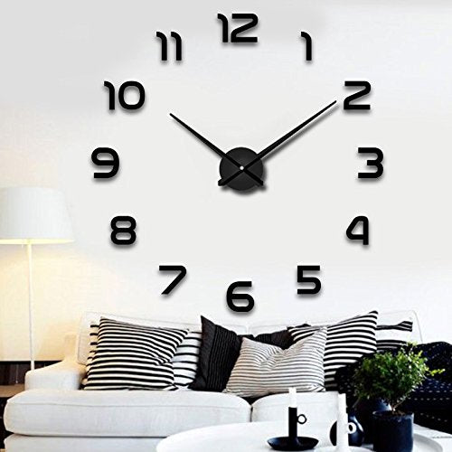 NewNest Australia - SIEMOO Large DIY Wall Clock, 3D Mirror Number Stickers Large Wall Clock Kit Mute Frameless Modern Design for Home Living Room Bedroom Office Decoration-Black Black 