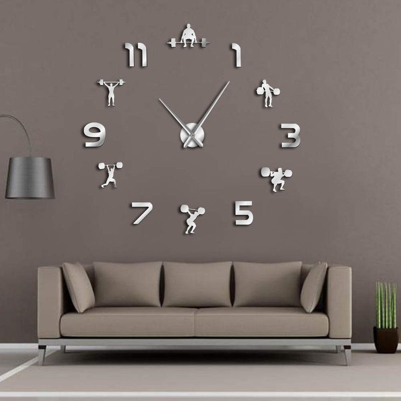 NewNest Australia - The Geeky Days Weightlifting Fitness Room Wall Decor DIY Giant Wall Clock Mirror Effect Powerlifting Frameless Large Wall Clock Gym Wall Watch (Silver) Silver 