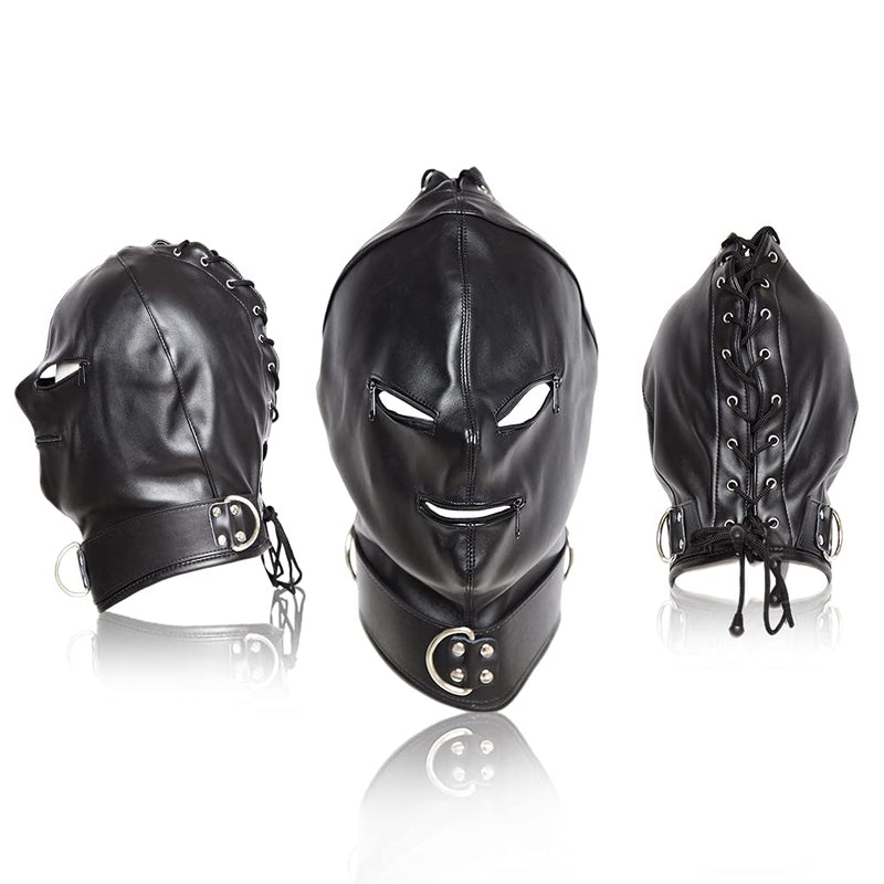 Leather Bondage Mask Black Full Face Restraint Head Hood SM Head Mask BDSM Fetish Hood Adjustable Headgear with Zipper for Adults Couples Sex Factory - NewNest Australia