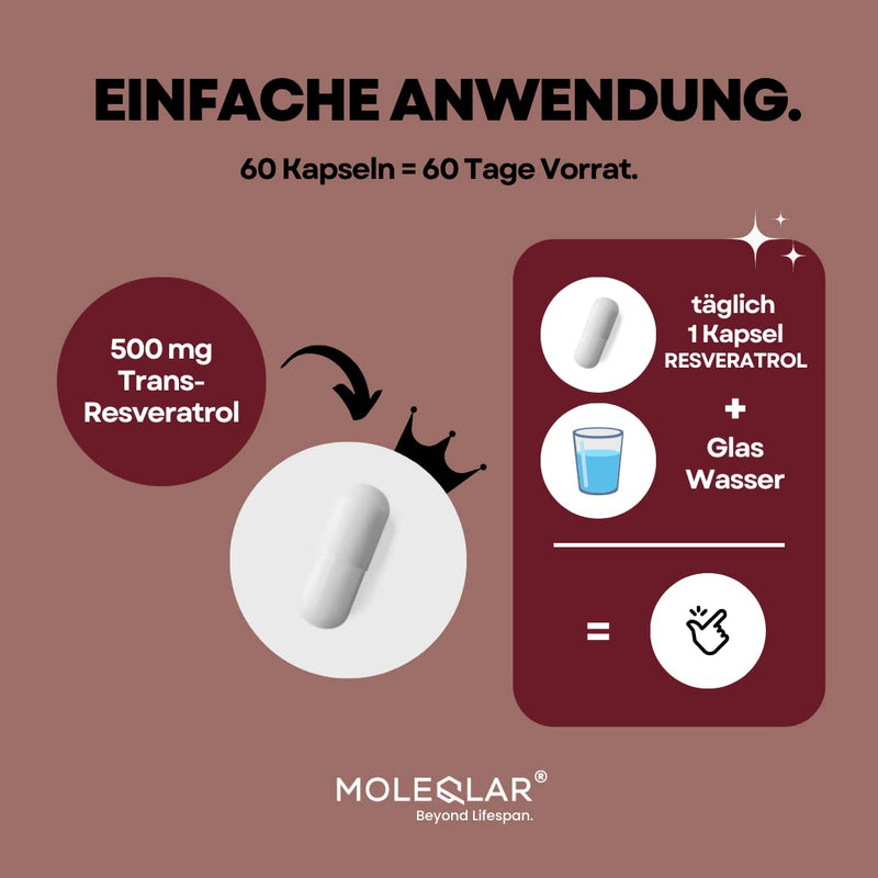 Moleqlar Trans-Resveratrol Capsules | 60 Capsules Premium Resveratrol From Yeast Fermentation | 500Mg Per Capsule | >98% Pure Trans-Resveratrol | 100% Pah And Gmo Free | Certified Purity - NewNest Australia