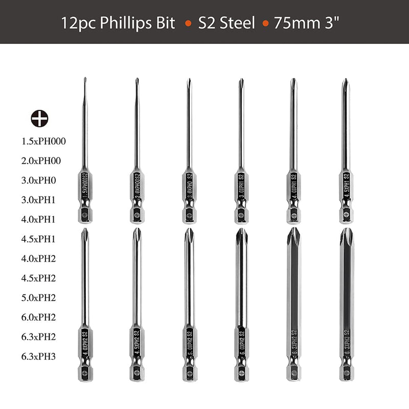 Dandeeler 12 Piece Phillips Drill Bit Set #1#2#3 3" Long, S2 Steel, with Tool Bag 12pc Phillips 3" - NewNest Australia