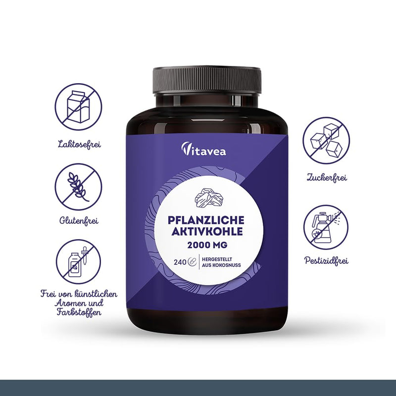 Activated charcoal tablets - 2000 mg - 240 tablets - 100 percent natural - activated charcoal from coconut - digestion, flatulence, intestinal gas, flat stomach, intestinal treatment - Vitavea - NewNest Australia