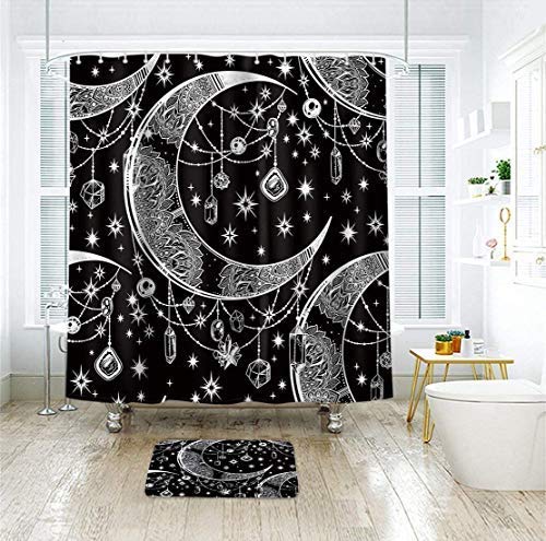 LIGHTINHOME Mandala Celestial Shower Curtain 60Wx72L Inch Boho Moon Star Black and White Fabric Waterproof Bathroom Home Decor 12 Plastic Hooks - NewNest Australia