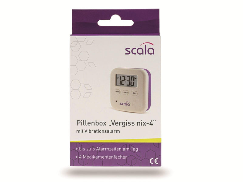 scala pill box timer 4 compartments, 5 alarm times white - NewNest Australia